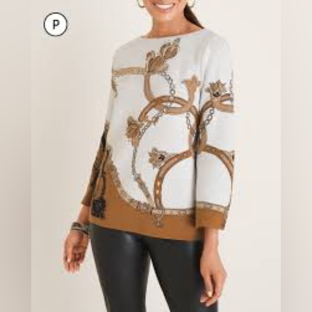 Chico’s Jacquard Bateau Neck equestrian chain belt cotton blend sweater, LP.